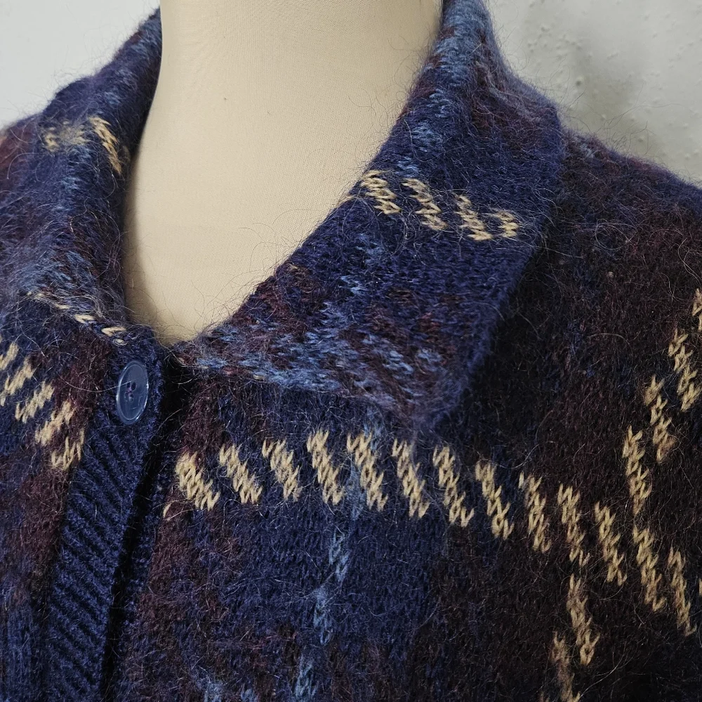 Vintage Mohair Blend Plaid Oversized Cardigan Sweater Navy Burgundy Tan M - Picture 6 of 11